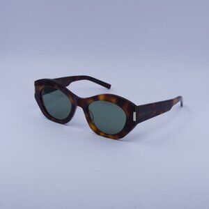Saint Laurent SL639 003 Sunglasses Havana Geometric Frame, Green Lenses